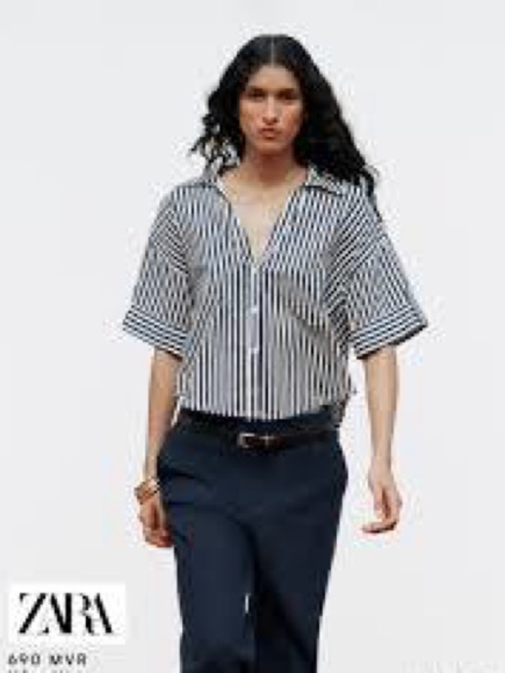 Zara Black and White Vertical-Striped Short-Sleeve Button-Down Shirt